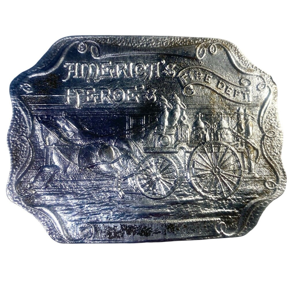 Vintage Firefighters Belt Buckle America's Hero's Fire Dept USA Silvertone 70s